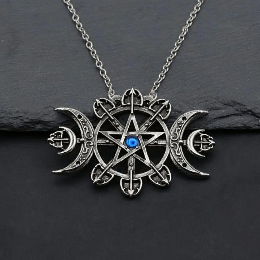 STAINLESS STEEL SAPPHIRE PENTAGRAM MOON UNISEX PENDANT NECKLACE